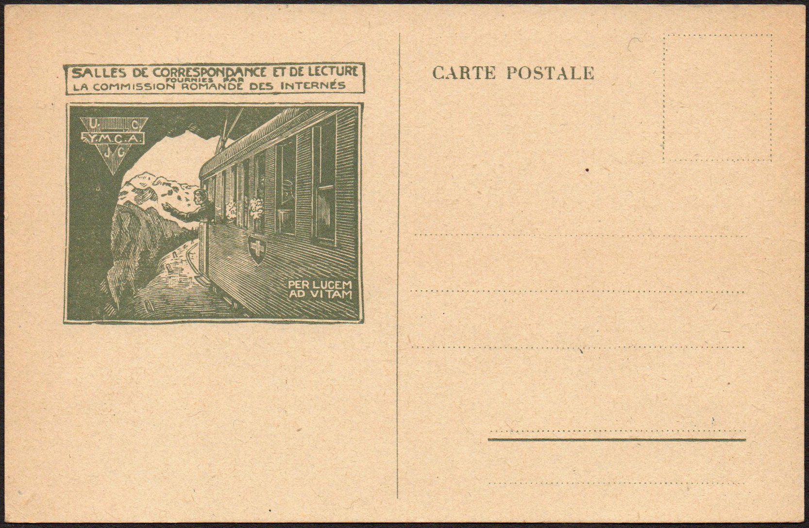 Schweiz Suisse Switzerland Internee Mail YMCA UCJG envelope Electric Train corner card